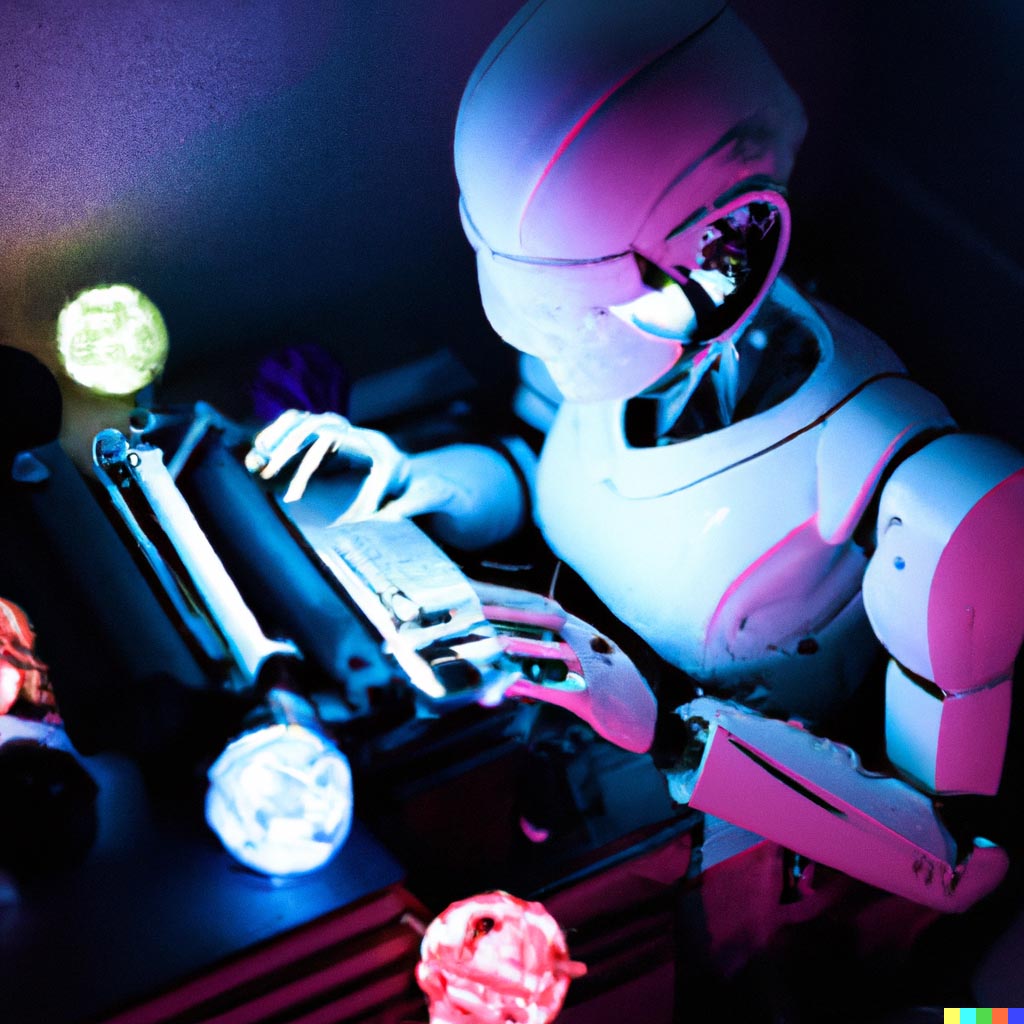 DALL·E prompt: Bright robot cyborg typing on a typewriter, neon lighting